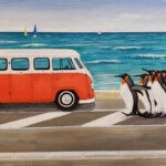 VW Bus on Beach with Penguins
